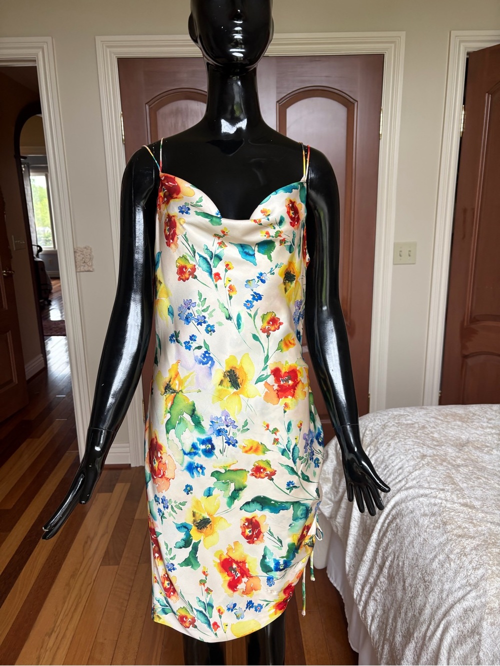 Parker Floral Satin Slip Dress - White with Multi-Color Floral Print